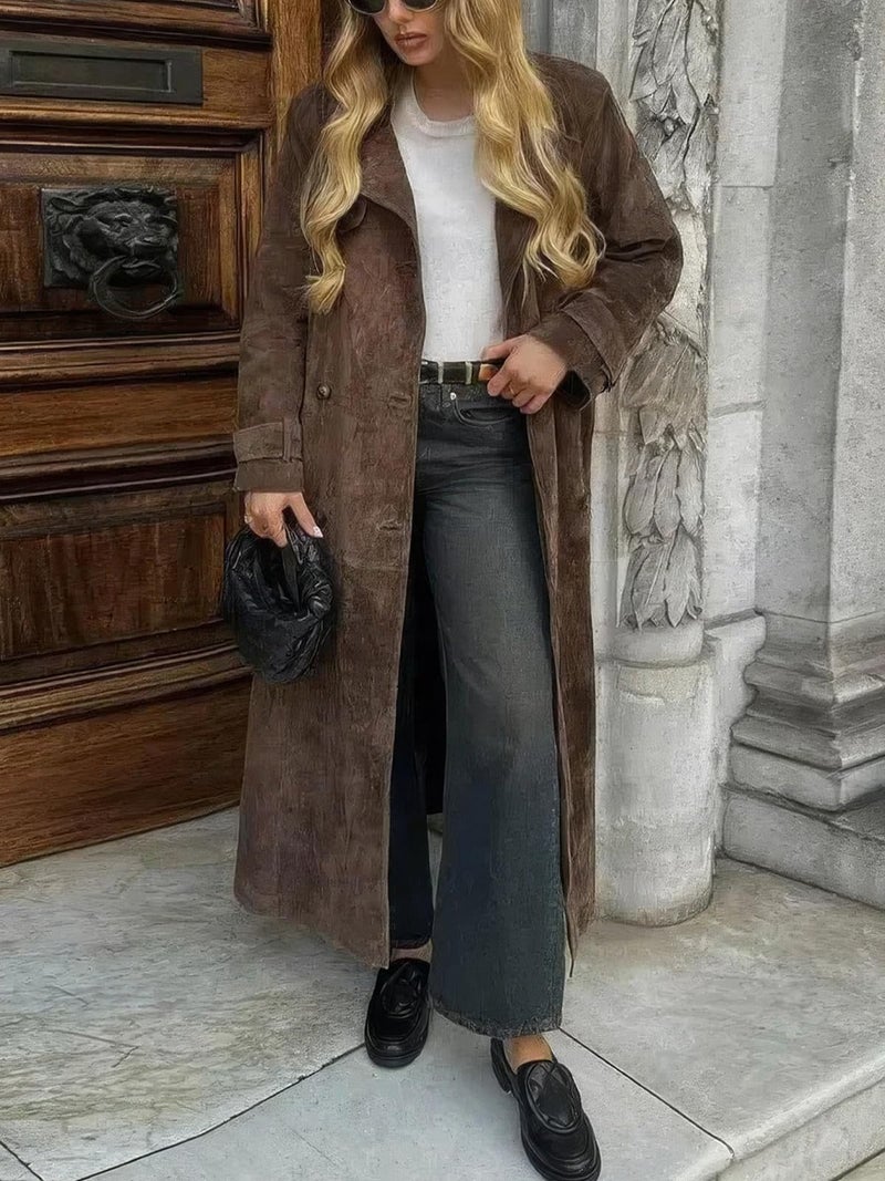 ebossy Women's Fashion Faux Suede Open Front Long Trench Coat Notched Lapel Double Breasted Maxi Overcoat with Belt (L, Dark Brown) - Image 2