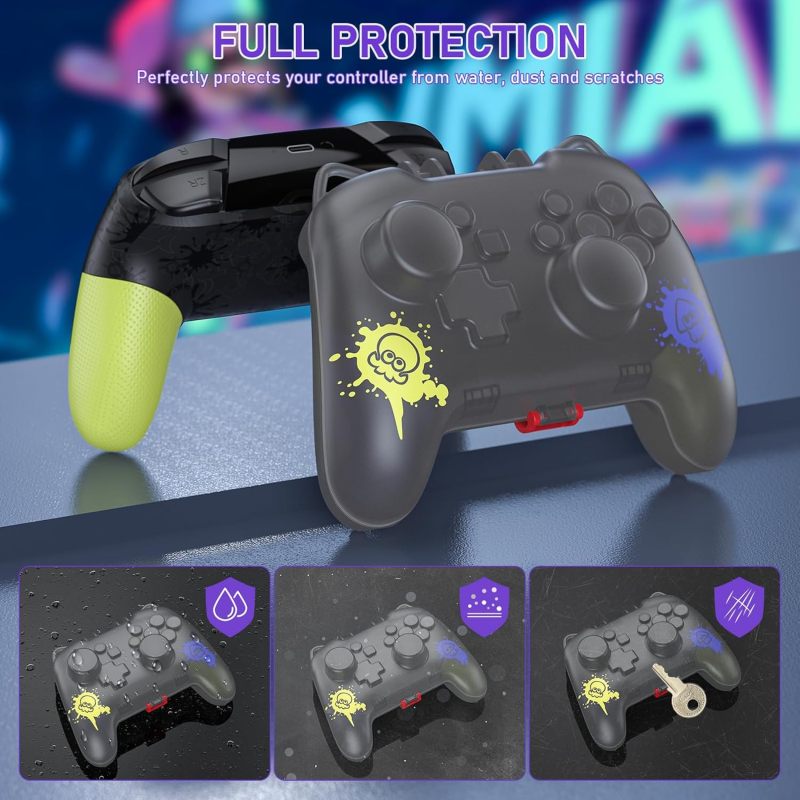 Semi-hard Military-grade Controller Case: Transparent Black, Full Dust Scratch Liquid Pet Hair Protection, Raised Joystick Guard, Slim Portable Travel Cover with Strap & Hook for Splatoon 3 Edition Sw - Image 5