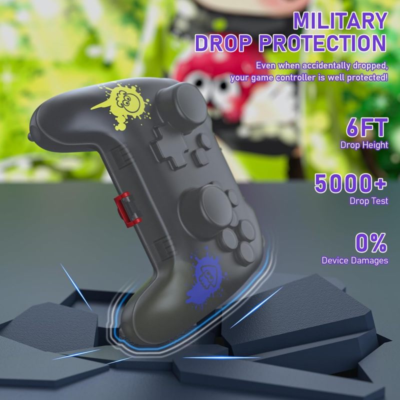Semi-hard Military-grade Controller Case: Transparent Black, Full Dust Scratch Liquid Pet Hair Protection, Raised Joystick Guard, Slim Portable Travel Cover with Strap & Hook for Splatoon 3 Edition Sw - Image 4