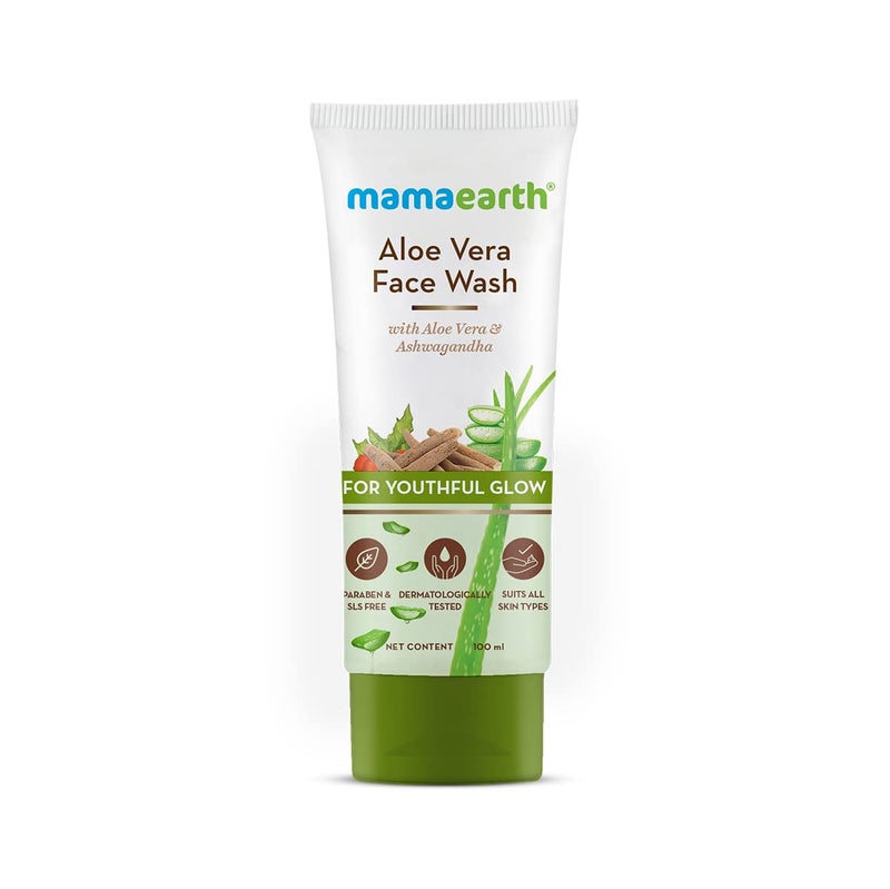 Mamaearth Mamaearth Aloe Vera Face Wash with Ashwagandha  Dirt  Excess Oil Cleanser  Gives Natural Youthful Glow  Gentle Formula for Hydrated Skin  338 Fl Oz 100ml 