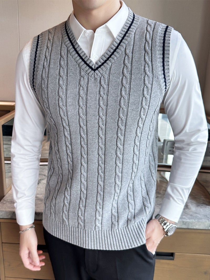 سترة صوفية بدون أكمام بتصميم على شكل حرف V للرجال لشتاء وخريف  ، سترة صوفية بأسلوب جامعي - Image 2