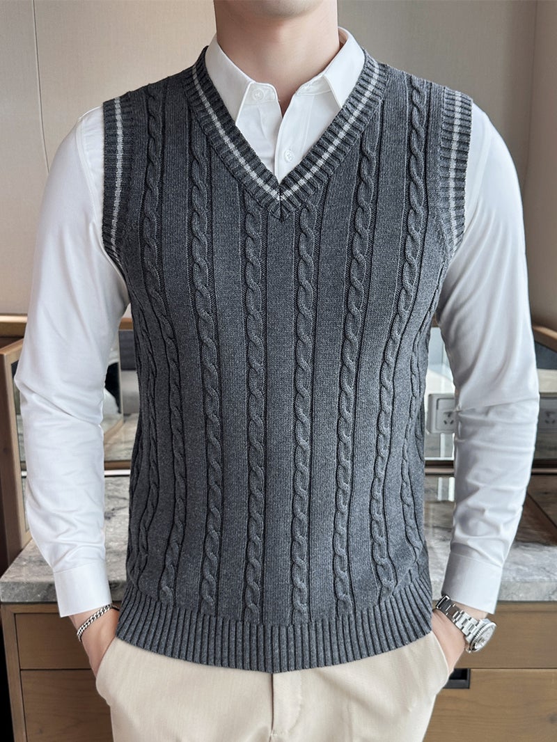 سترة صوفية بدون أكمام بتصميم على شكل حرف V للرجال لشتاء وخريف  ، سترة صوفية بأسلوب جامعي - Image 4