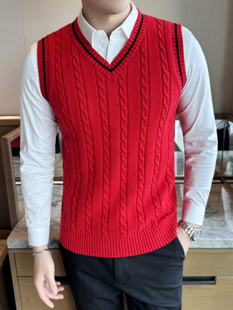 سترة صوفية بدون أكمام بتصميم على شكل حرف V للرجال لشتاء وخريف  ، سترة صوفية بأسلوب جامعي - Image 5