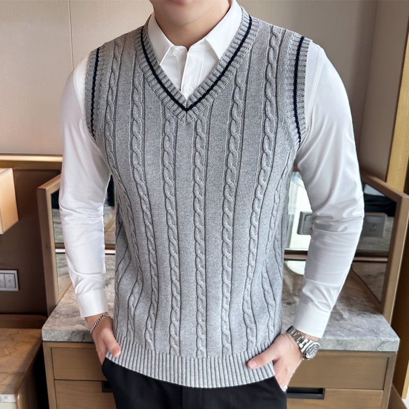 سترة صوفية بدون أكمام بتصميم على شكل حرف V للرجال لشتاء وخريف  ، سترة صوفية بأسلوب جامعي - Image 1