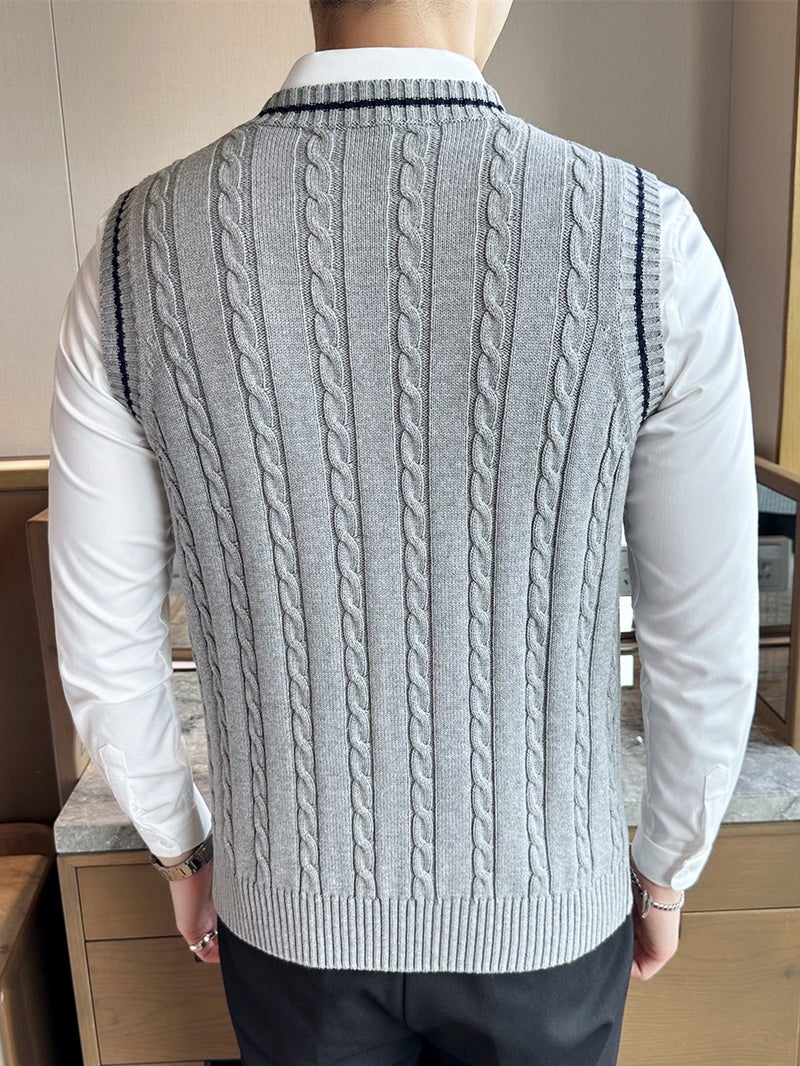 سترة صوفية بدون أكمام بتصميم على شكل حرف V للرجال لشتاء وخريف  ، سترة صوفية بأسلوب جامعي - Image 3