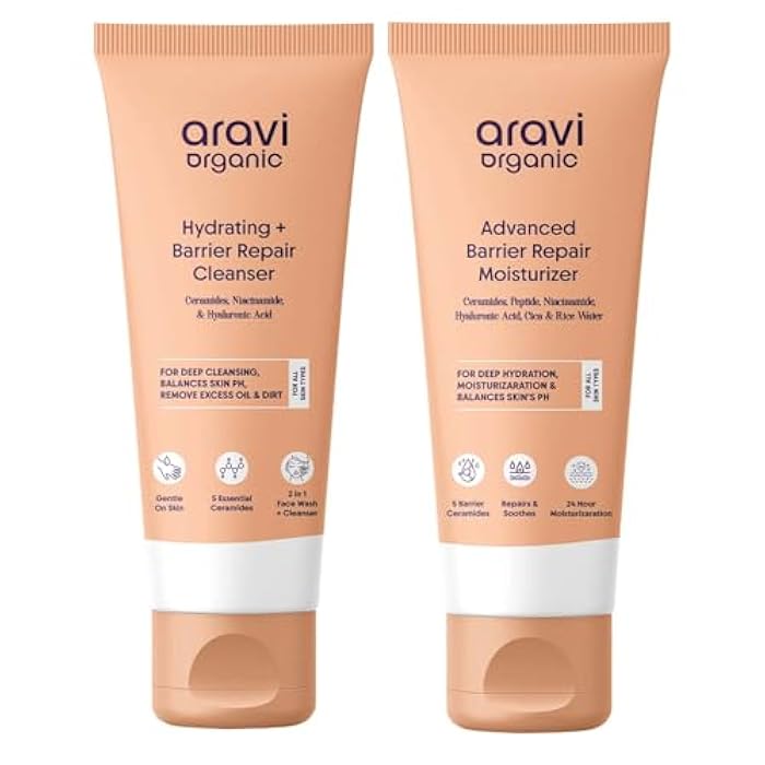 Aravi Organic Barrier Repair Combo | Moisturizer & Cleanser | Restores Skin Barrier, Hydrates & Soothes | pH-Balanced, Non-Comedogenic & Fragrance-Free | For Dry & Sensitive Skin - Image 1