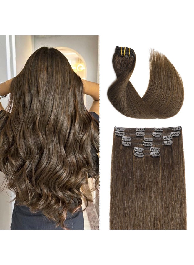 sindra Clip in Hair Extensions 16inch 100g 6pcsHuman Hair Extensions Clip ins Medium Brown Straight Soft Full Head 4 16in - Image 2