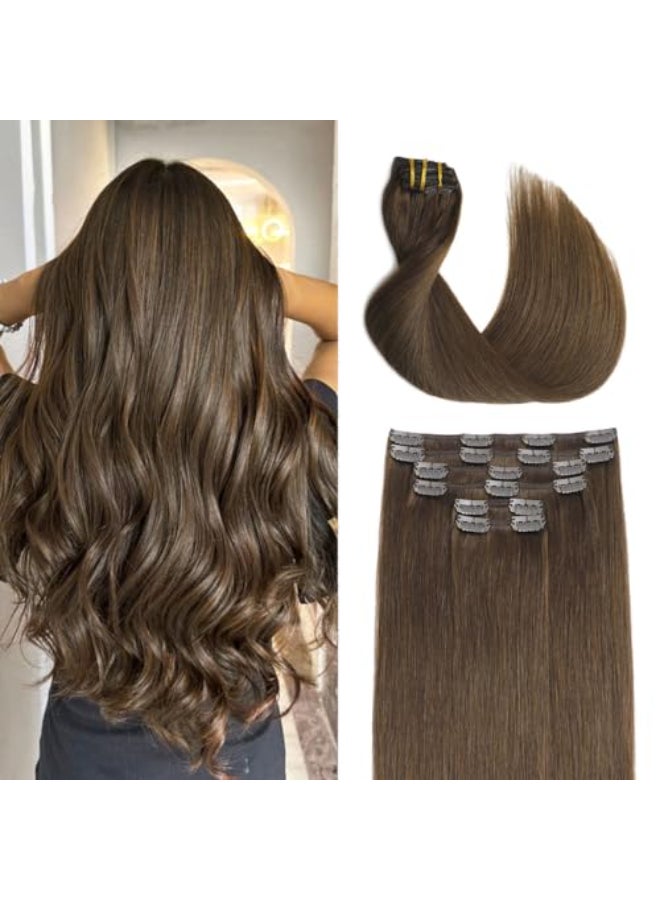 sindra Clip in Hair Extensions 16inch 100g 6pcsHuman Hair Extensions Clip ins Medium Brown Straight Soft Full Head 4 16in - Image 1