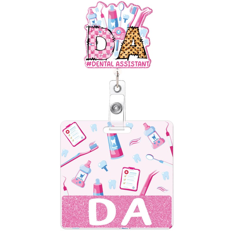 MENIFEND Badge Reel Retractable and Buddy, Dental Assistant Pink Badge Reel with Swivel Clip & DA Badge Buddy Horizontal, Dental Assistant Accessories Gifts - Image 1