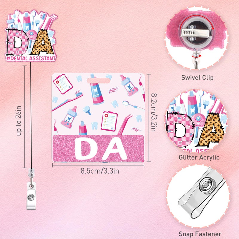 MENIFEND Badge Reel Retractable and Buddy, Dental Assistant Pink Badge Reel with Swivel Clip & DA Badge Buddy Horizontal, Dental Assistant Accessories Gifts - Image 2