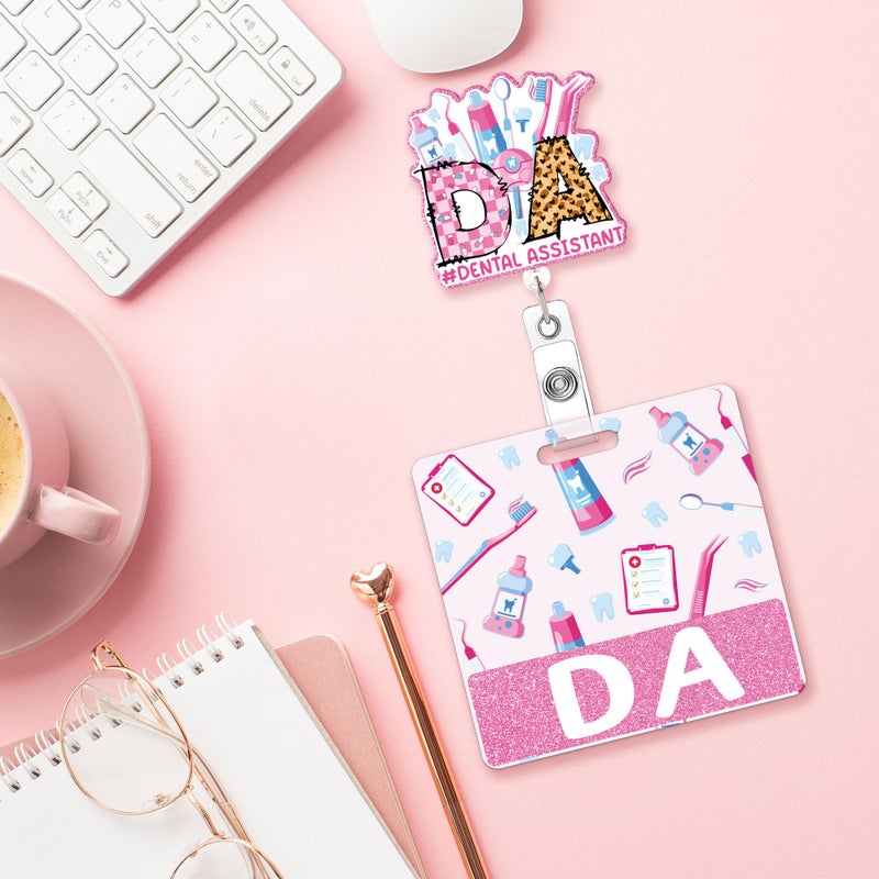 MENIFEND Badge Reel Retractable and Buddy, Dental Assistant Pink Badge Reel with Swivel Clip & DA Badge Buddy Horizontal, Dental Assistant Accessories Gifts - Image 3