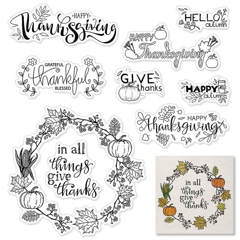 Autumn Thanksgiving Wreath Pumpkin Leaf Clear Stamps for Card Making Photo Album Decorations Give Thanks Words Transparent Rubber Stamps Seal for DIY Scrapbooking Fall Crafts