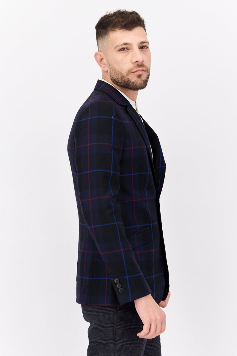 SELECTED Men Slim Fit Plaid Blazer Jacket, Navy - Image 2