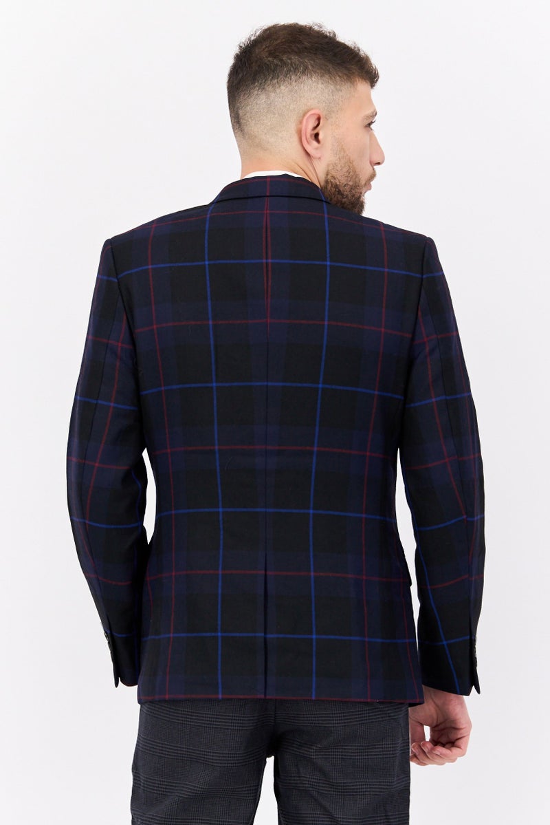 SELECTED Men Slim Fit Plaid Blazer Jacket, Navy - Image 3