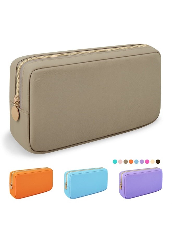 Iqimott Nylon Small Makeup Bag Cosmetic Zipper Pouch for Purse, Preppy Makeup Bag Compact Make up Pouch Toiletry Bag, Waterproof Zipper Purse Travel Coin Pouch Storage Bag for Women Girls Teens(Khaki) - Image 1