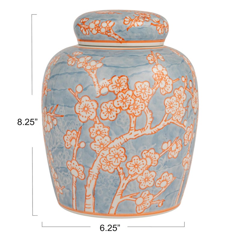 Creative Co-Op Decorative Ceramic Ginger Jar with Lid, Blue and Orange - Image 2