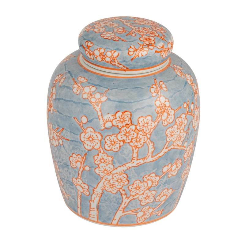 Creative Co-Op Decorative Ceramic Ginger Jar with Lid, Blue and Orange - Image 1