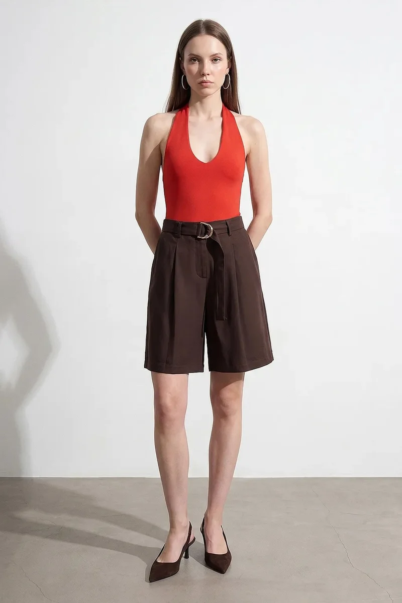 ديلفين DILVIN Women's High-waist Belted Wide-leg Shorts