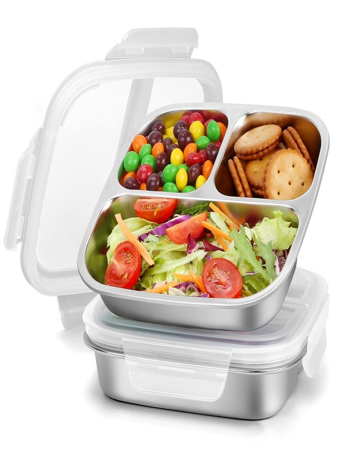 RAOOKIF 2 Pack Stainless Steel Snack Containers with Lids, 3-Compartment Leak-Proof Food Storage Containers, 20 oz Reusable Grab-and-Go Bento Box for School, Home, Office, and Camping, Dishwasher-Safe - Image 1
