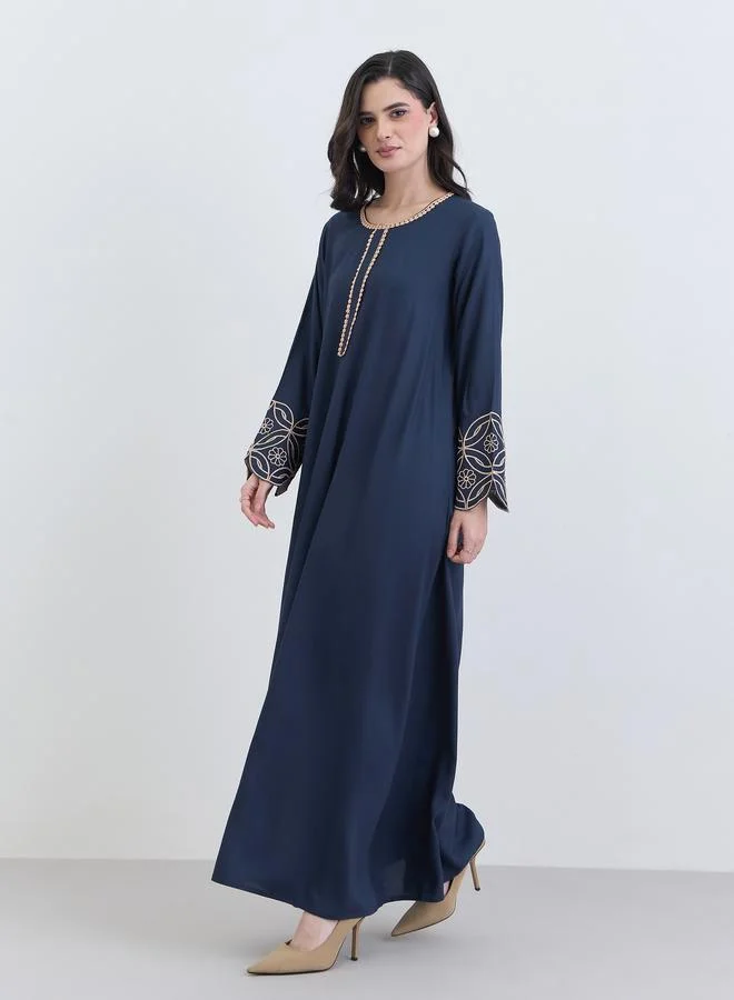 Amirah Navy Blue Embroidered A-Line Jalabiya