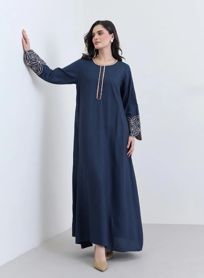 Amirah Navy Blue Embroidered A-Line Jalabiya