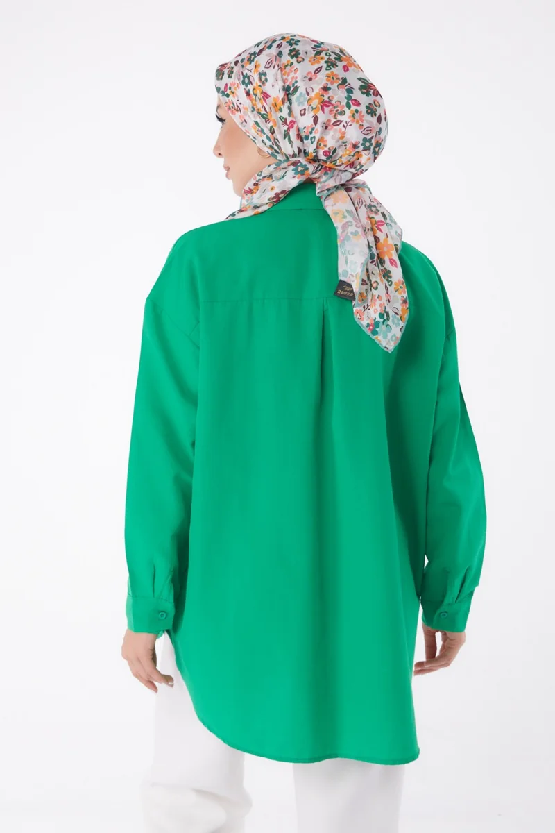 Tofisa Plain Shirt Collar Women's Green Pocket Embroidered Shirt - 13248