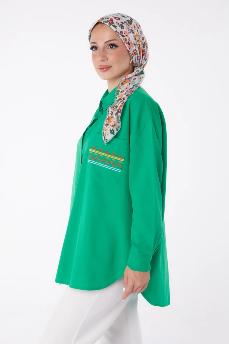 Tofisa Plain Shirt Collar Women's Green Pocket Embroidered Shirt - 13248