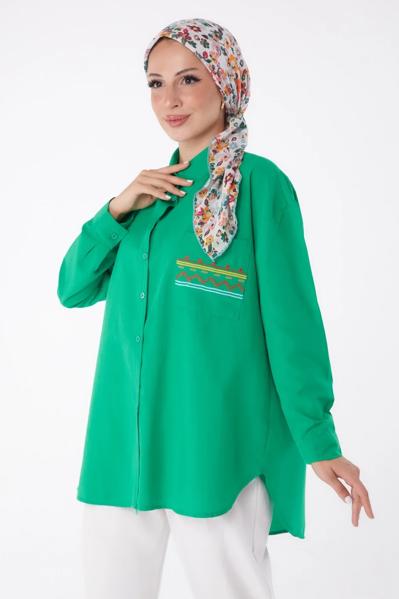 Tofisa Plain Shirt Collar Women's Green Pocket Embroidered Shirt - 13248