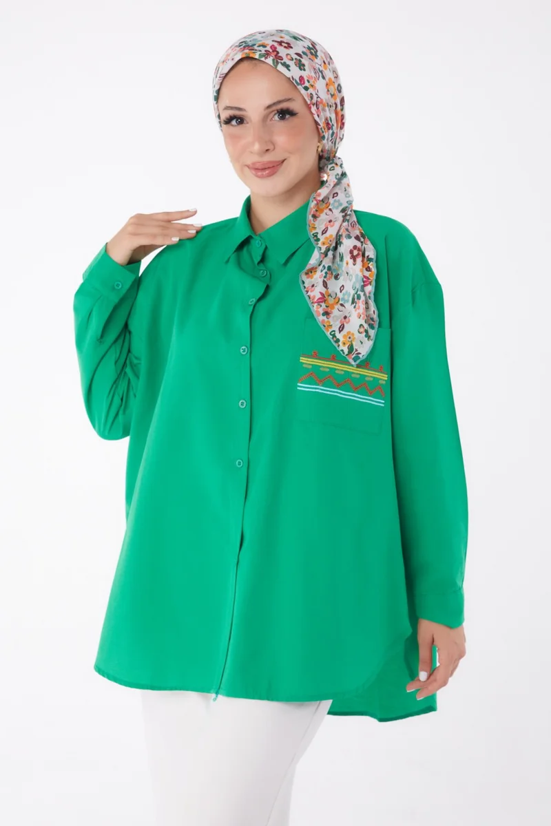 Tofisa Plain Shirt Collar Women's Green Pocket Embroidered Shirt - 13248