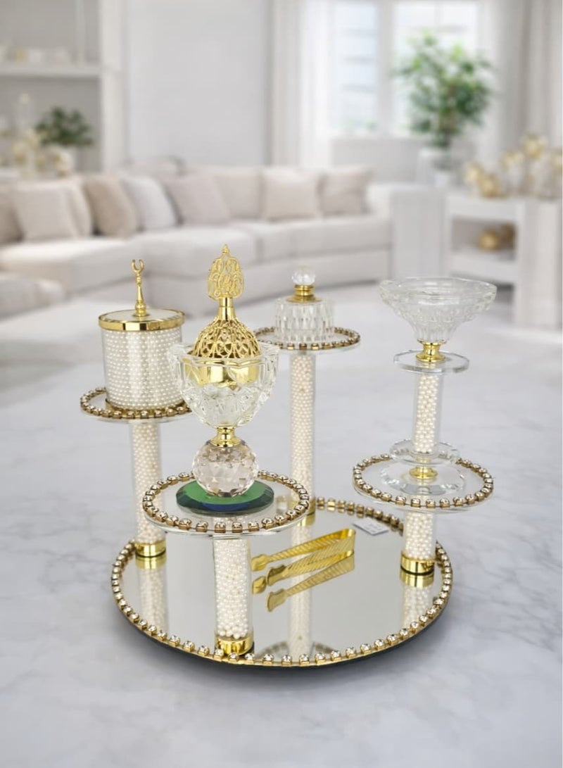 Radin Crystal Incense Bakhoor Burner Set 6Piece Elegance Includes Beautiful Moving Stand Oud Burner Storage Bowl Candle Stand Small Oil Perfume Bottle Safety Tongs and Charcoal Handling Tool - Image 2