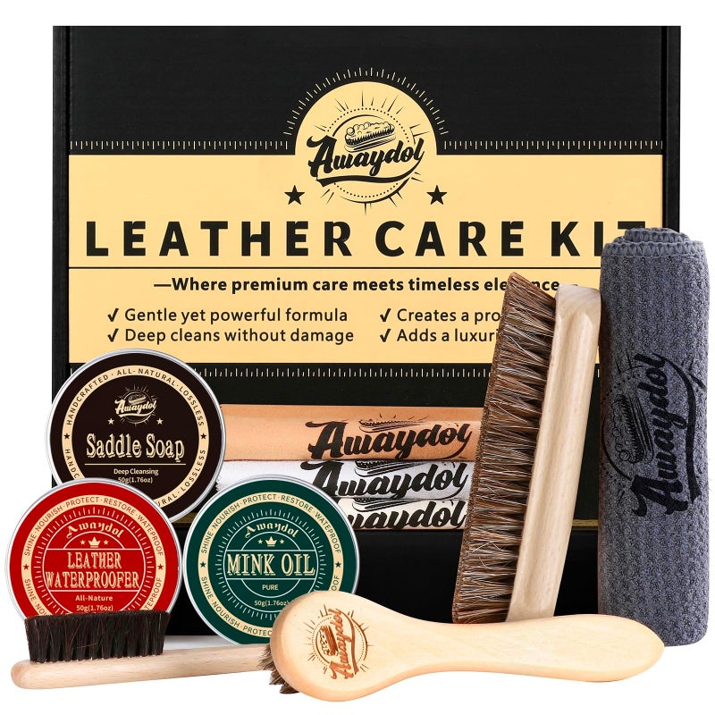Awaydol 10 PCS Leather Care Kit - Horsehair Brushes,Saddle Soap,Waterproofing Wax,Mink Oil Conditioner,Polishing Cloth,Microfiber cloth,Boot Shoe Shine Cleaning Kit Gift for Men Cowboy Husband Dad ï»¿ - Image 1