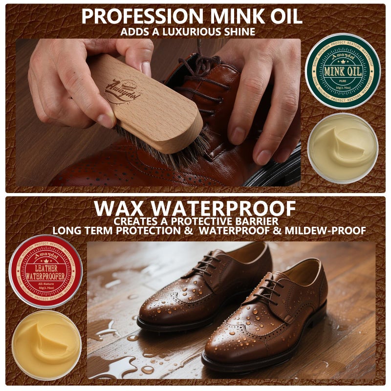 Awaydol 10 PCS Leather Care Kit - Horsehair Brushes,Saddle Soap,Waterproofing Wax,Mink Oil Conditioner,Polishing Cloth,Microfiber cloth,Boot Shoe Shine Cleaning Kit Gift for Men Cowboy Husband Dad ï»¿ - Image 5