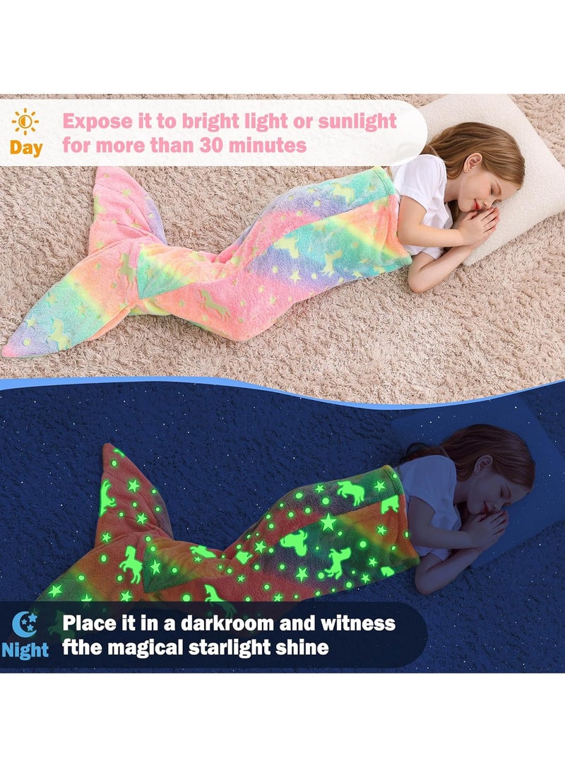 بطانية ذيل حورية البحر للأطفال، بطانيات ذيل حورية البحر المتلألئة في الظلام، بطانية حورية البحر القماشية، بطانية حورية البحر القابلة للارتداء، ألعاب فتيات عصرية ببطانية وحيد قرن متلألئة فائقة النعومة، ألعاب حورية البحر للأطفال الصغار. - Image 3