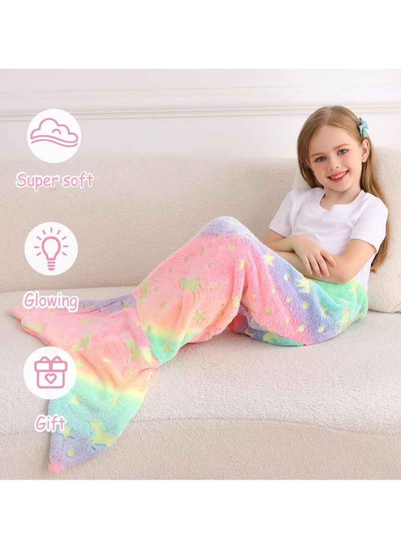 بطانية ذيل حورية البحر للأطفال، بطانيات ذيل حورية البحر المتلألئة في الظلام، بطانية حورية البحر القماشية، بطانية حورية البحر القابلة للارتداء، ألعاب فتيات عصرية ببطانية وحيد قرن متلألئة فائقة النعومة، ألعاب حورية البحر للأطفال الصغار. - Image 5