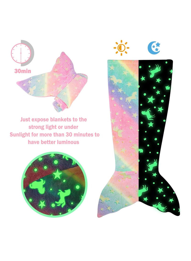 بطانية ذيل حورية البحر للأطفال، بطانيات ذيل حورية البحر المتلألئة في الظلام، بطانية حورية البحر القماشية، بطانية حورية البحر القابلة للارتداء، ألعاب فتيات عصرية ببطانية وحيد قرن متلألئة فائقة النعومة، ألعاب حورية البحر للأطفال الصغار. - Image 2