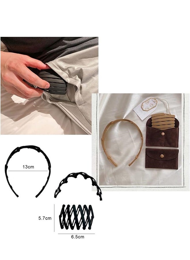 5Pcs Foldable Headband Compact Folding Headband Hair Band Retractable Pocket Hair Band Non-Slip Tooth Hair Loops Vintage Cross Geometric Spring Wavy Hair Hoop For Fashion Women Girls
