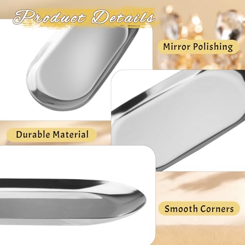 Cositina 6 Pcs 7.09x3.35inch Stainless Steel Tray Decorative Storage Plate Metal Organizer for Jewelry Cosmetic Serving - Silver - Image 3