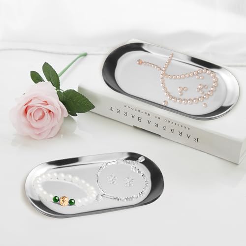 Cositina 6 Pcs 7.09x3.35inch Stainless Steel Tray Decorative Storage Plate Metal Organizer for Jewelry Cosmetic Serving - Silver - Image 5