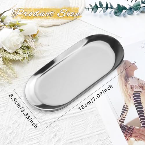 Cositina 6 Pcs 7.09x3.35inch Stainless Steel Tray Decorative Storage Plate Metal Organizer for Jewelry Cosmetic Serving - Silver - Image 2