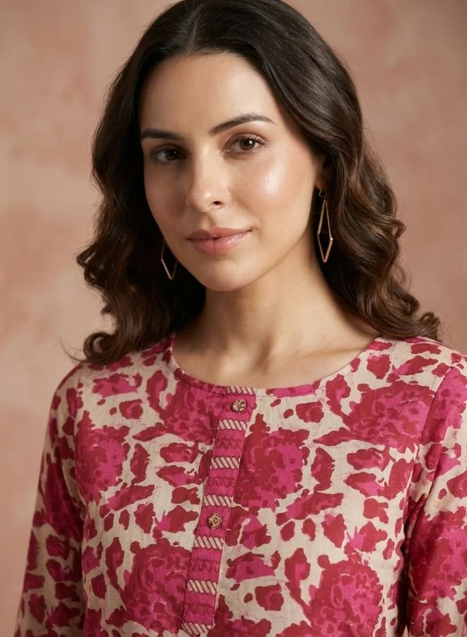 يوريس تونيك نسائي قطن خالص مطبوع باللون الأرجواني مع بنطلون وشال