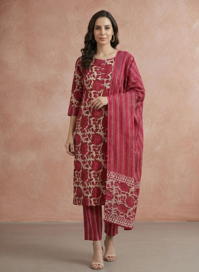 Yuris Women Magenta Printed Pure Cotton Kurta with Trousers & With Dupatta - Image 1