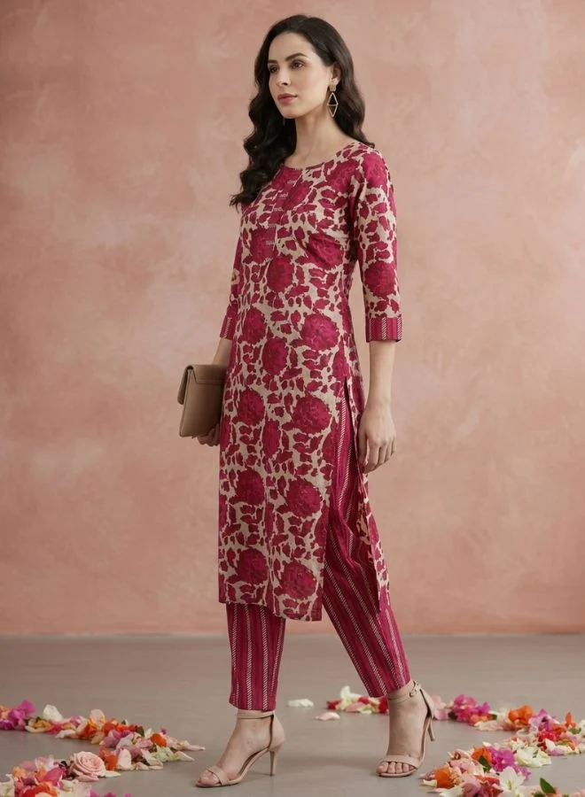 Yuris  Women Magenta Printed Pure Cotton Kurta with Trousers & With Dupatta for Women | Best Price UAE