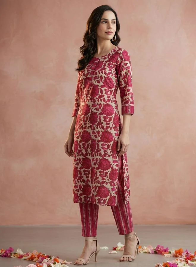 Yuris  Women Magenta Printed Pure Cotton Kurta with Trousers & With Dupatta for Women | Best Price UAE