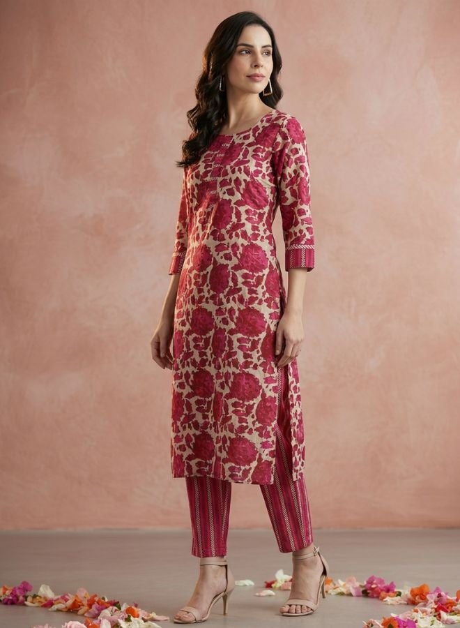 Yuris Women Magenta Printed Pure Cotton Kurta with Trousers & With Dupatta - Image 4