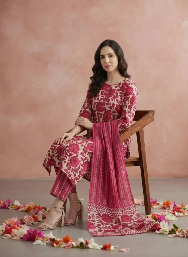 Yuris  Women Magenta Printed Pure Cotton Kurta with Trousers & With Dupatta for Women | Best Price UAE