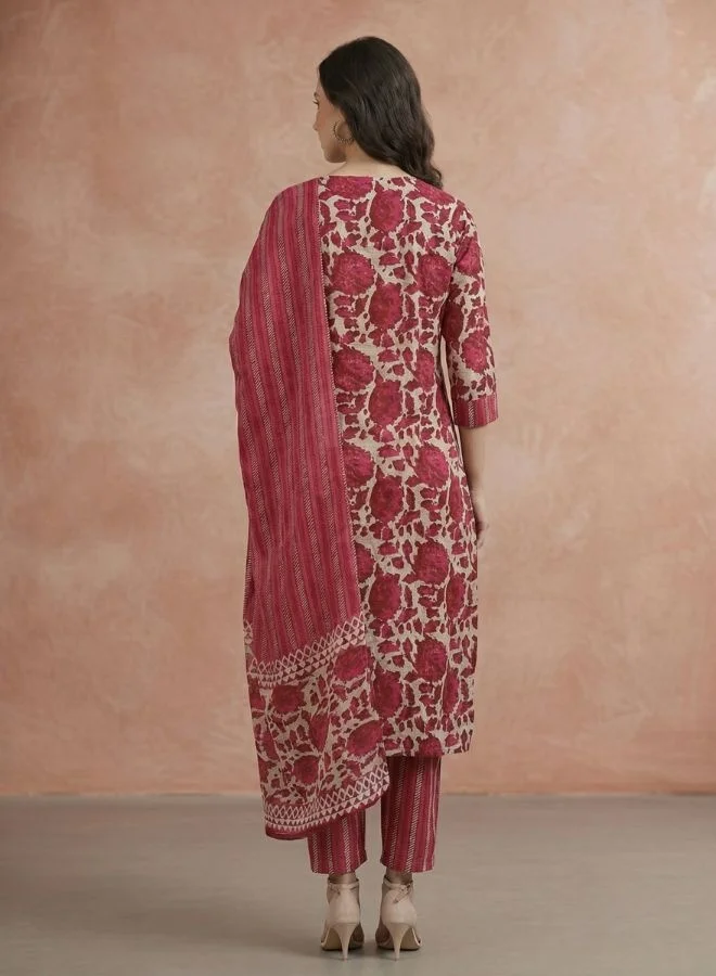 Yuris  Women Magenta Printed Pure Cotton Kurta with Trousers & With Dupatta for Women | Best Price UAE