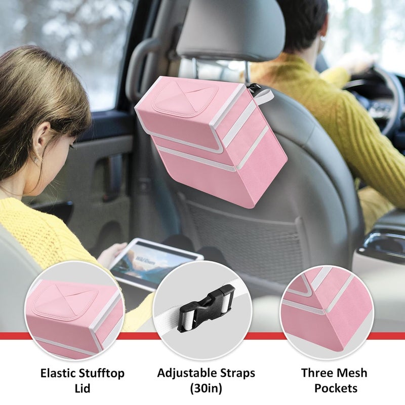 Simple Deluxe Car Trash Can with Lid and Storage Pockets, Multipurpose Garbage Bin with Adjustable Straps, Collapsible and Portable Organizer, 2 Gallon, Pink - Image 2