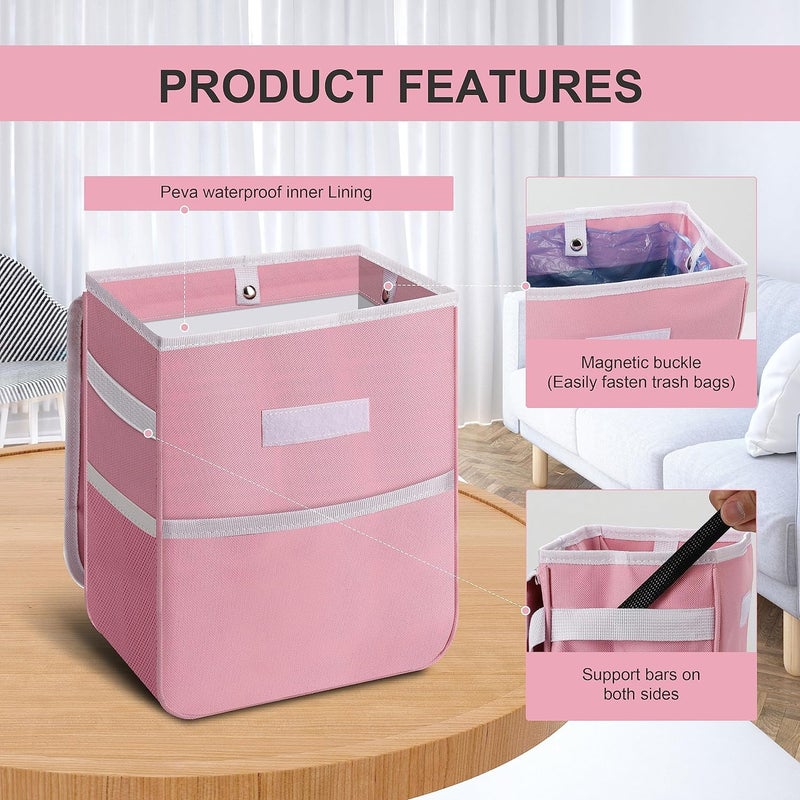 Simple Deluxe Car Trash Can with Lid and Storage Pockets, Multipurpose Garbage Bin with Adjustable Straps, Collapsible and Portable Organizer, 2 Gallon, Pink - Image 4