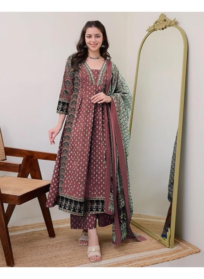 GoSriKi Women's Pure Cotton Anarkali Kurta with Dupatta & Palazzo M - Image 3