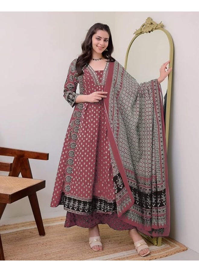 GoSriKi Women's Pure Cotton Anarkali Kurta with Dupatta & Palazzo M - Image 1